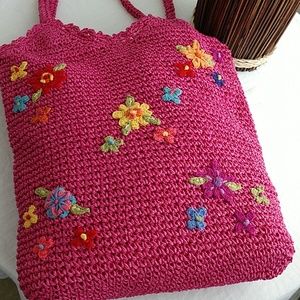 NEW Hot Pink Straw Bag Tote Lined Purse Inside Zip St. Johns Bay Embroidered